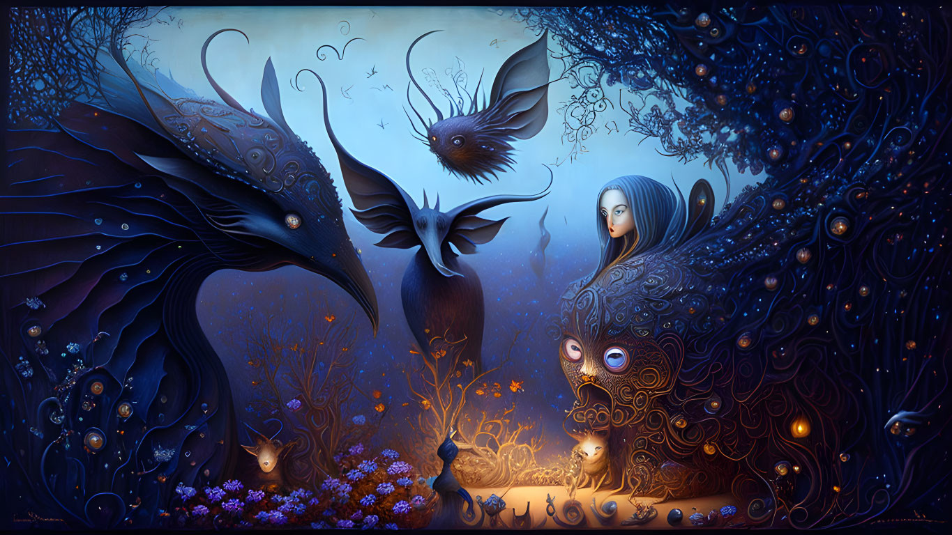 Fantastical image of woman with ethereal creatures in ornate blue environment