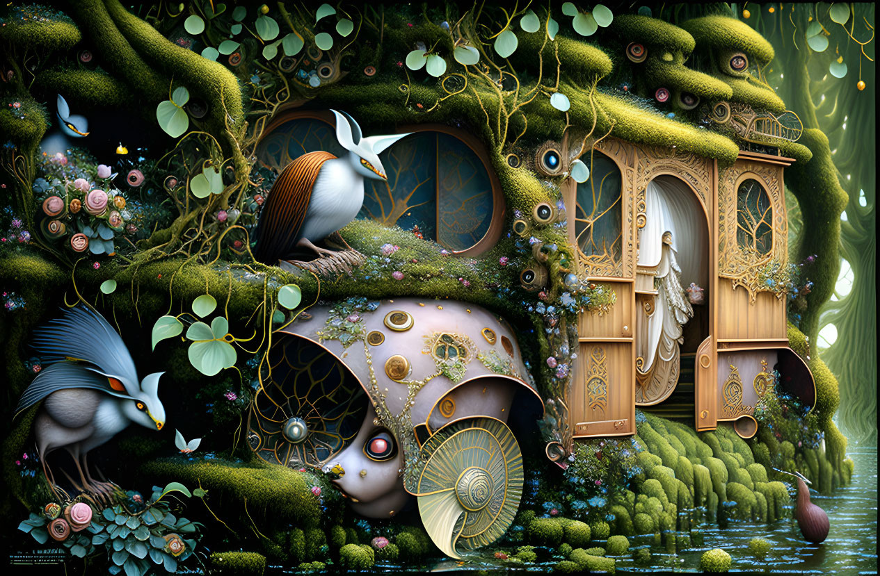 Whimsical forest scene with treehouses, orbs, vibrant flora & magical creatures