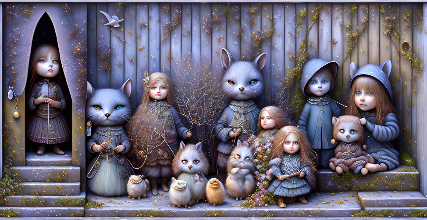 Whimsical illustration of humanoid cats and dolls in vintage outfits