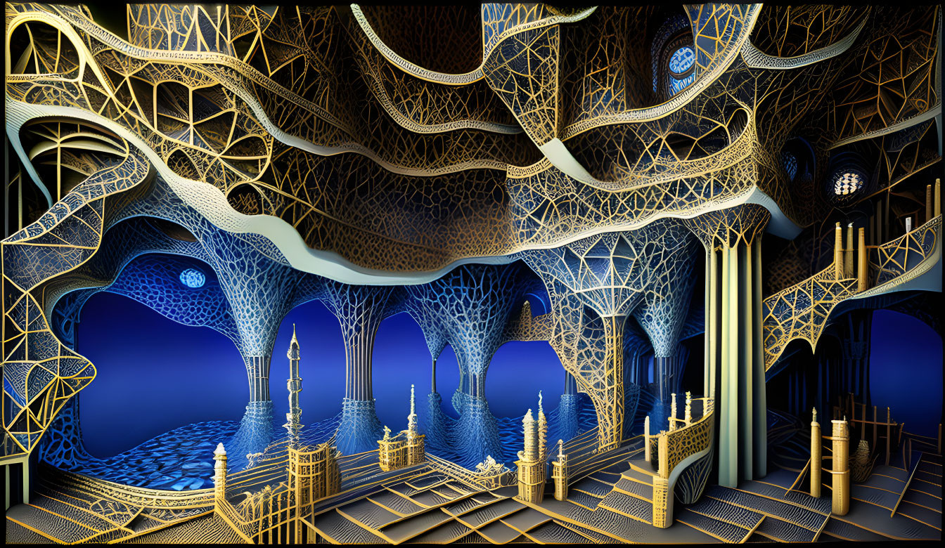 Intricate fractal artwork of fantastical architectural structure