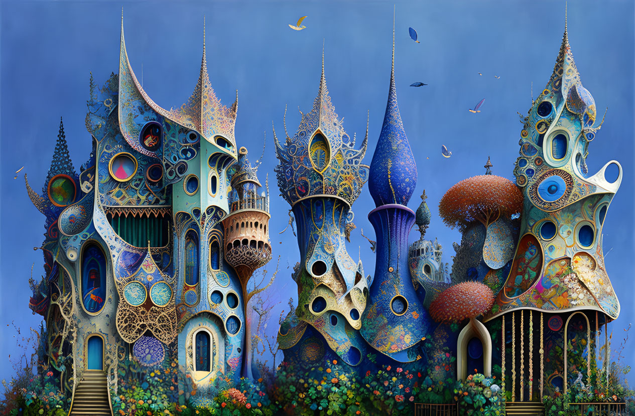 Whimsical fantasy art: ornate buildings, flying fish, vibrant garden