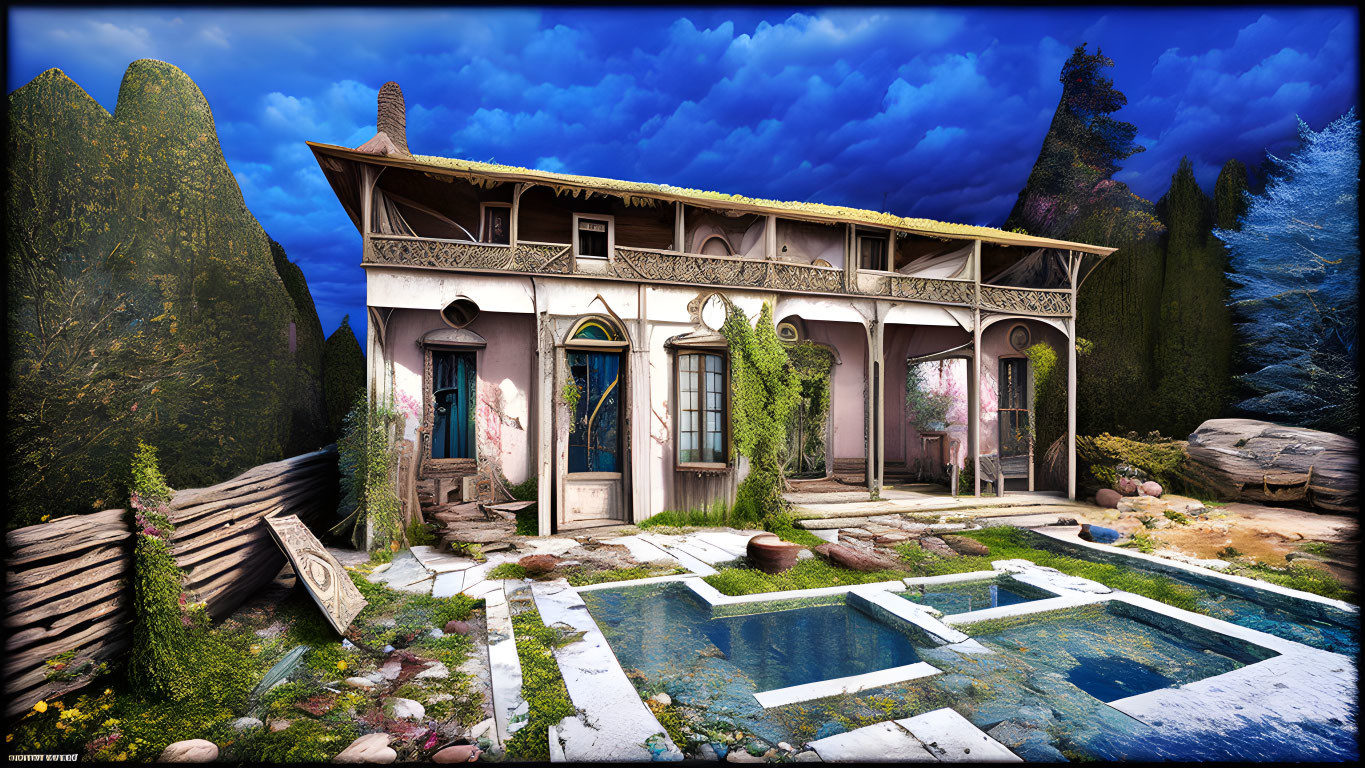 Twilight scene: quaint house, wooden porch, lush greenery, blue pools, dramatic sky.