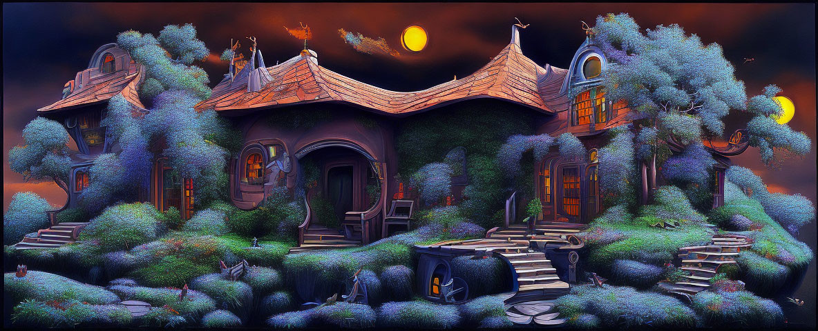 Fantasy Landscape with Whimsical Houses and Twin Moons