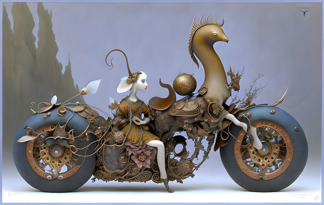 Digital fantasy art: Woman on mechanical horse in purple setting