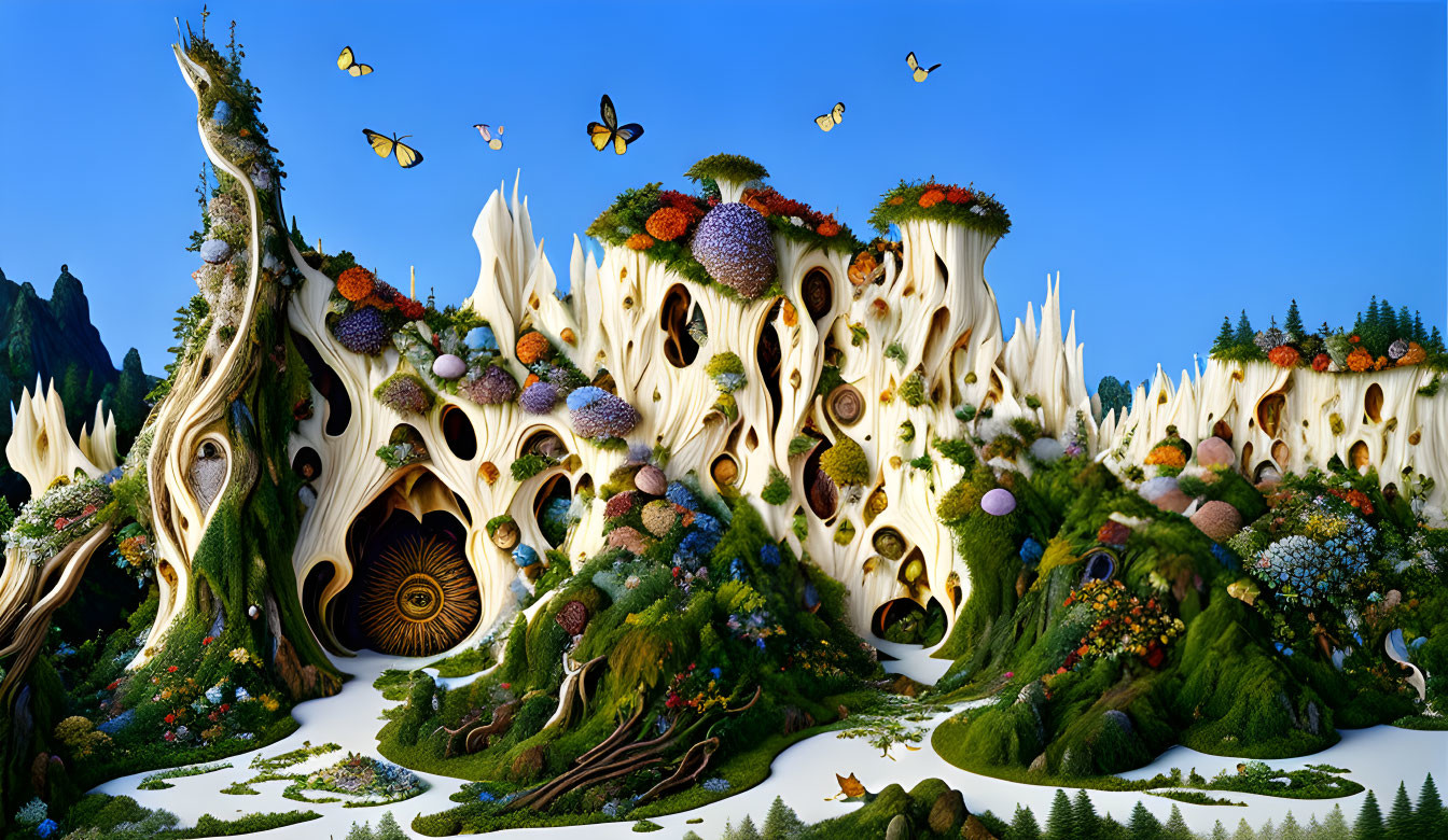 Surreal landscape with vibrant tree-like structures and butterflies