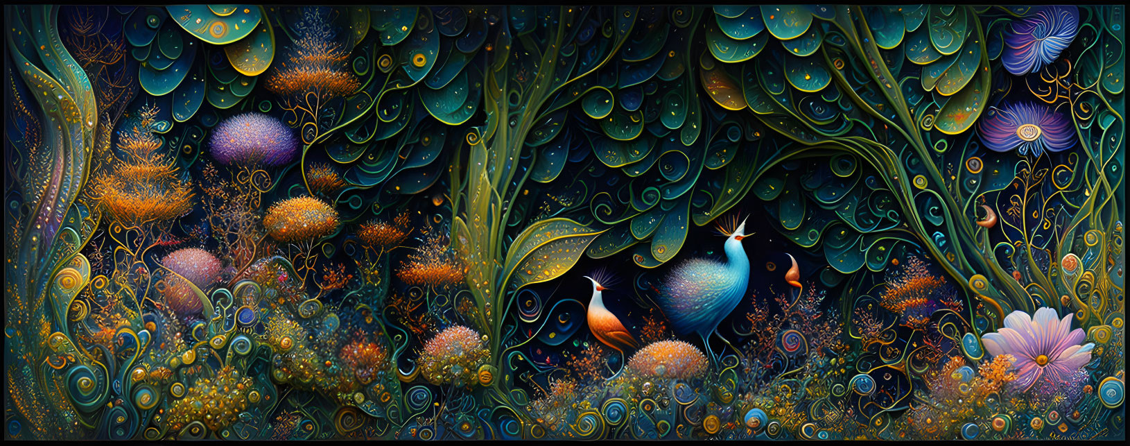 Colorful whimsical forest scene with stylized trees and hidden bird figure