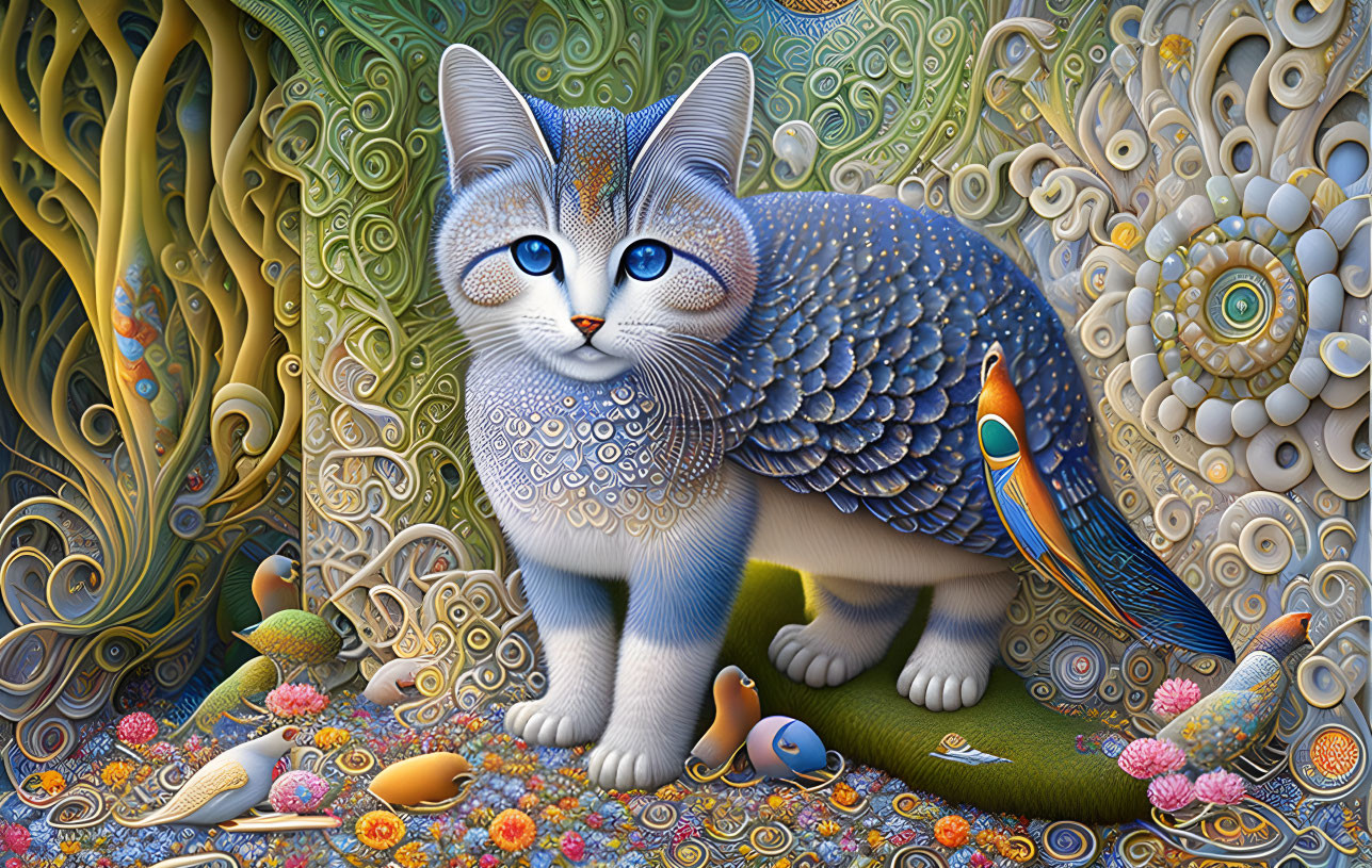 Stylized cat in surreal landscape with intricate patterns