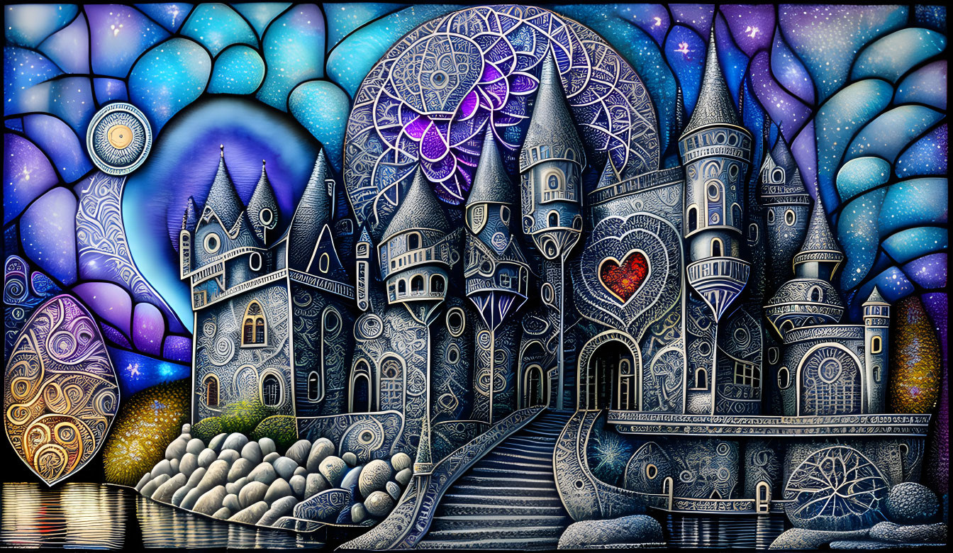 Fantastical castle painting under colorful night sky