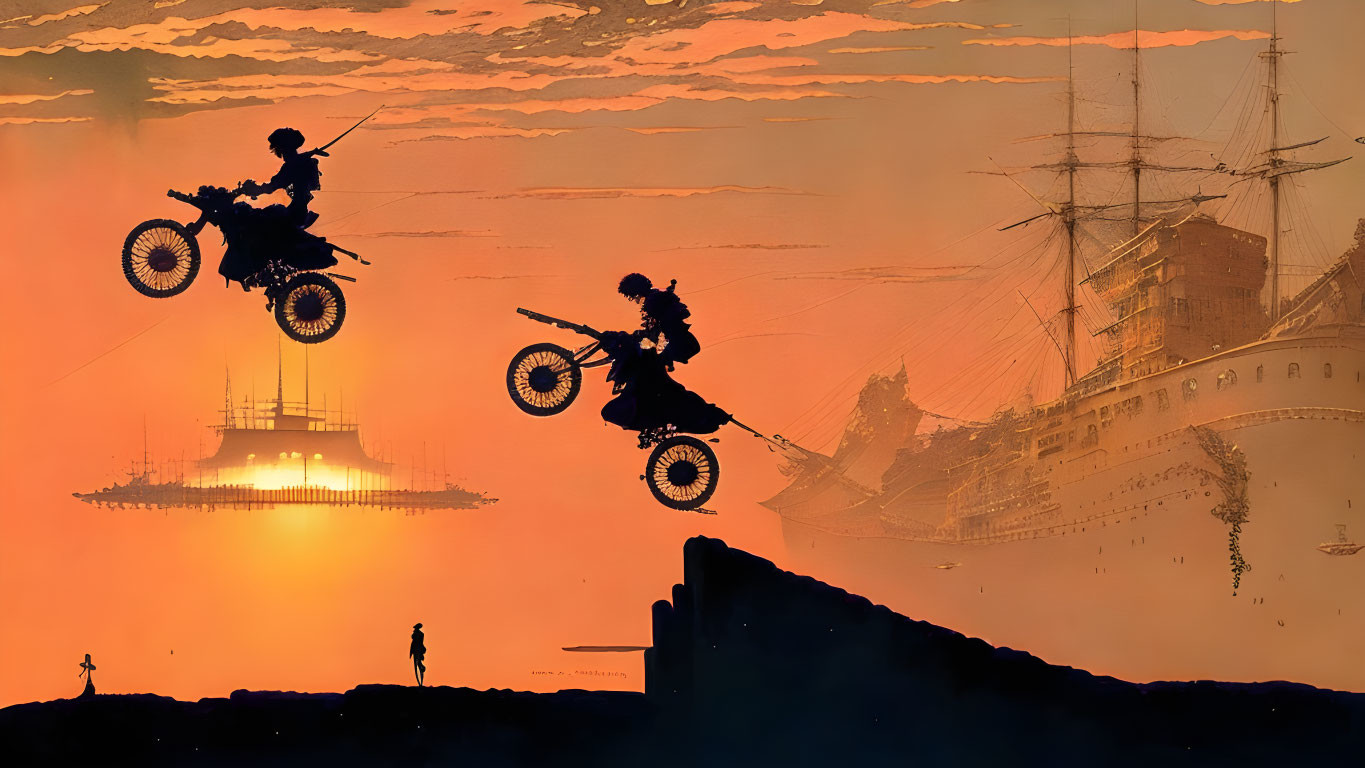 Two motorcyclists in mid-air with ship, city, and lone figure in silhouette.