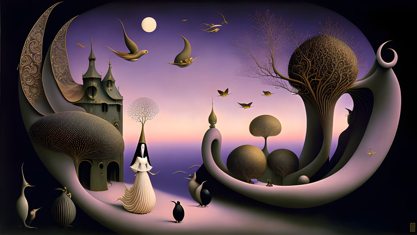 Fantasy landscape digital artwork with moon, penguins, birds, trees, and castle