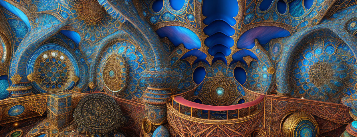 Panoramic fantasy fractal landscape with vivid blue hues and intricate alien cathedral elements