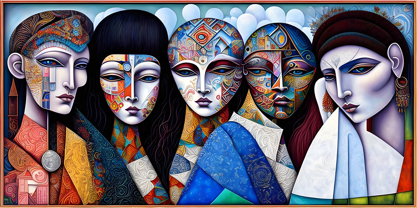 Vibrant painting featuring five stylized faces with intricate patterns and geometric designs