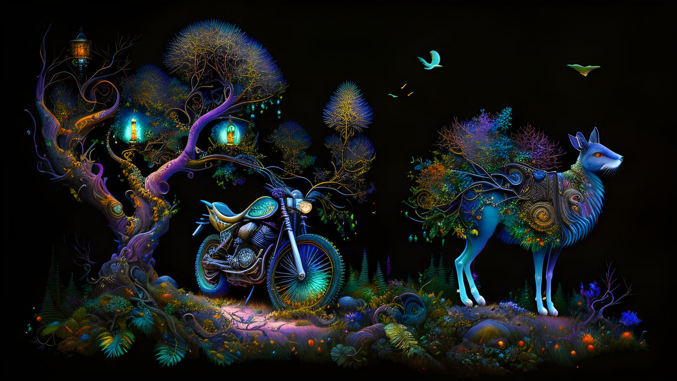 Vibrant whimsical artwork: blue deer, luminous flora, ornate motorcycle, night sky