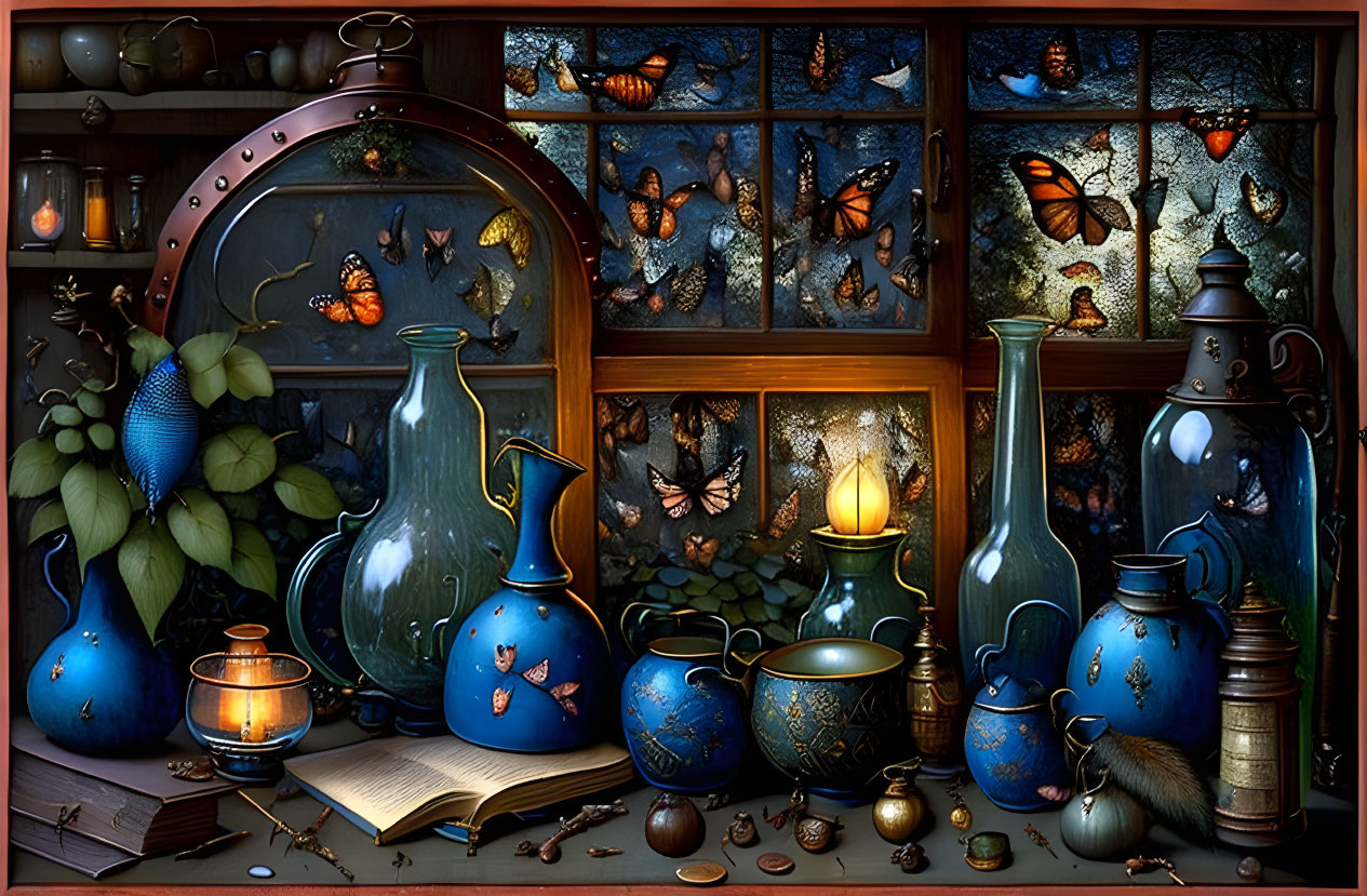 Cozy Room with Blue Pottery, Oil Lamp, Books & Butterfly Collection