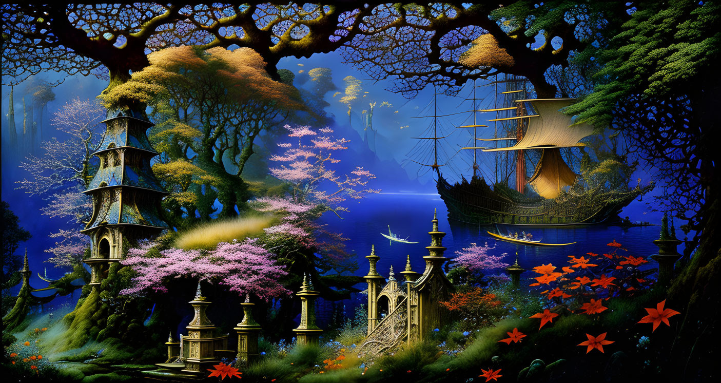 Fantastical landscape with sailing ship, vibrant flora, whimsical architecture