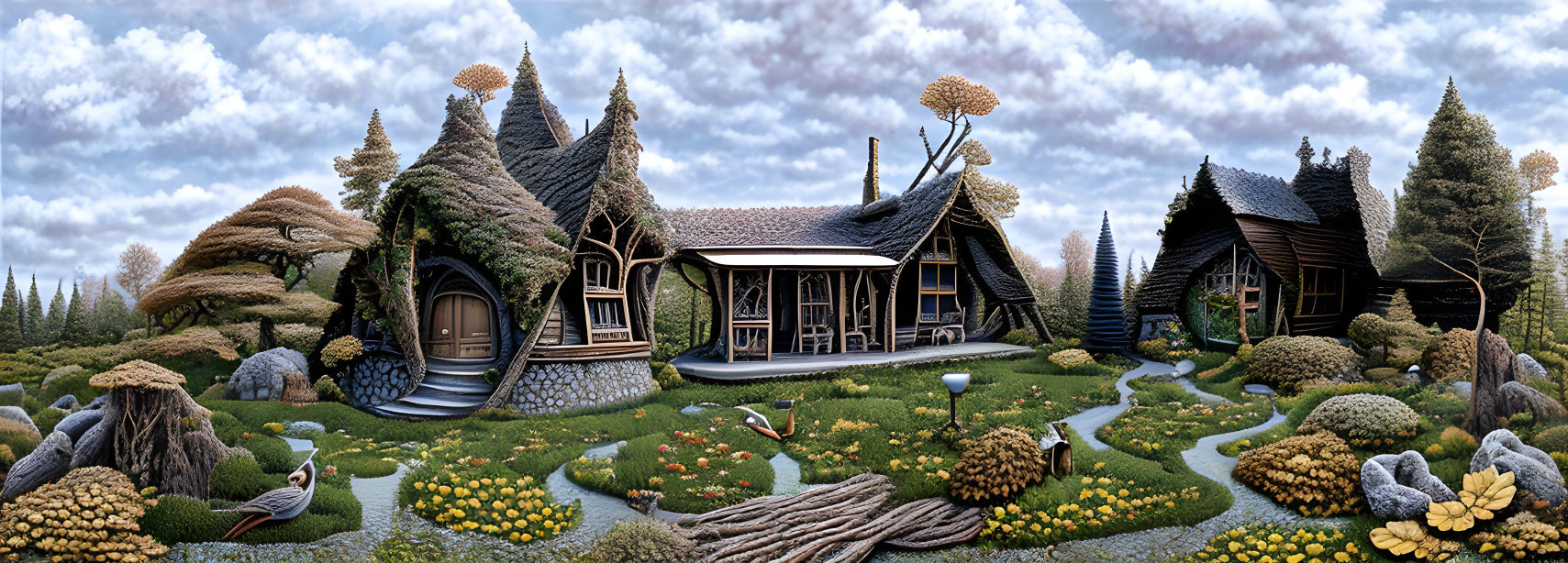 Whimsical thatched roof cottages in lush fantasy landscape