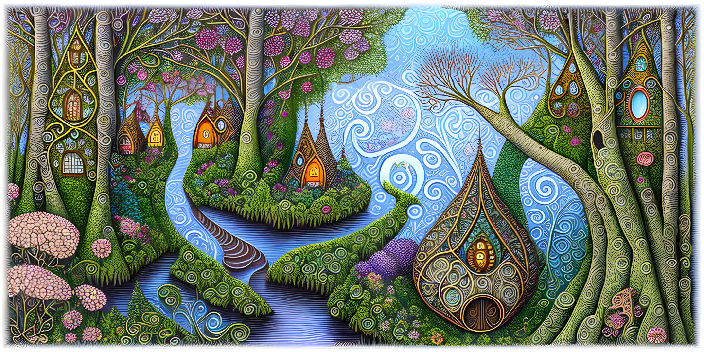 Colorful, whimsical landscape with swirling trees and quirky houses