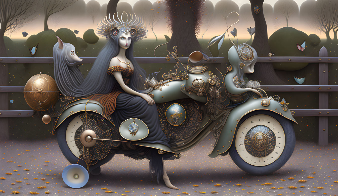 Surreal artwork: Woman with peacock feather crown on mechanical horse in fantastical landscape