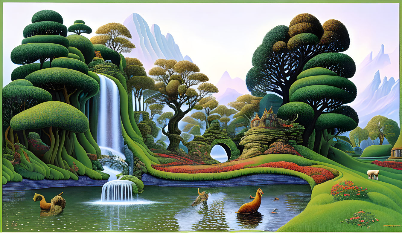 Scenic landscape with stylized trees, waterfall, ducks, castle, and mountains