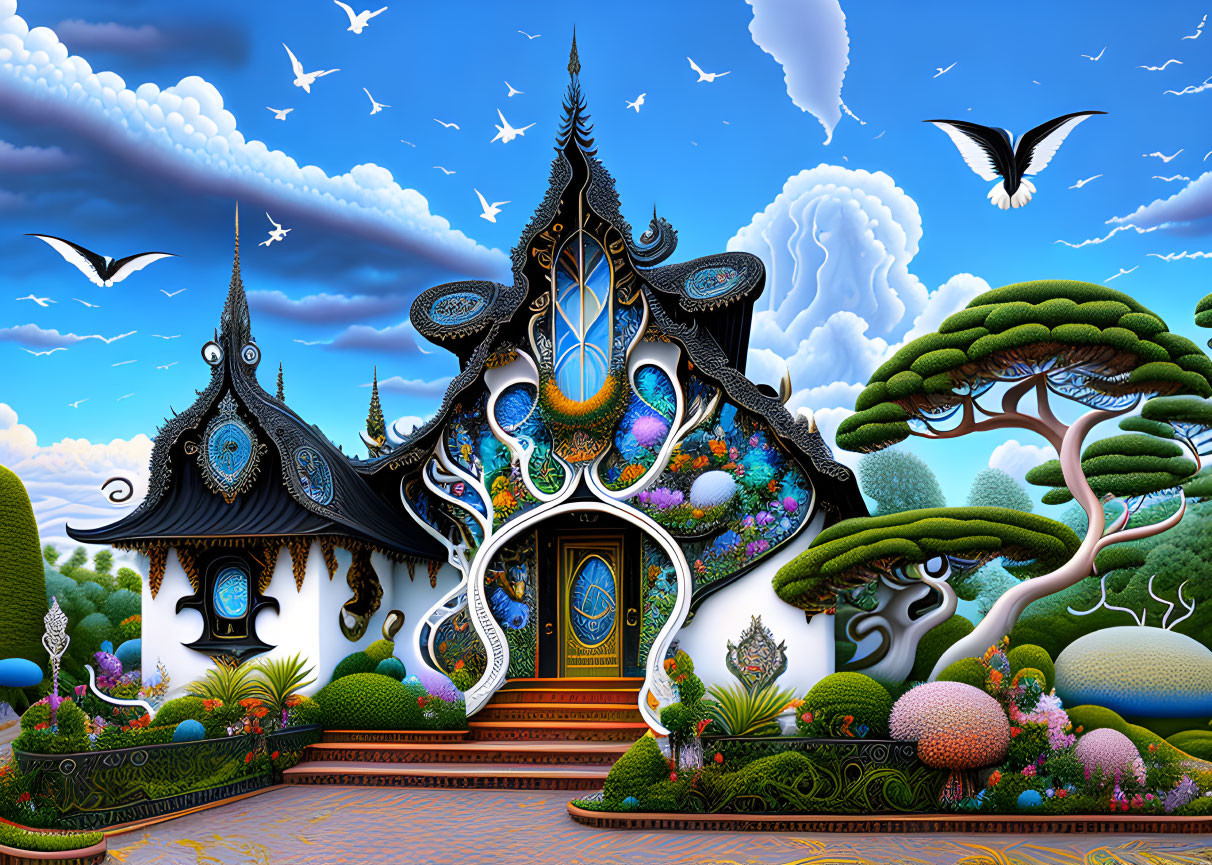 Colorful surreal illustration of ornate building with trees and birds