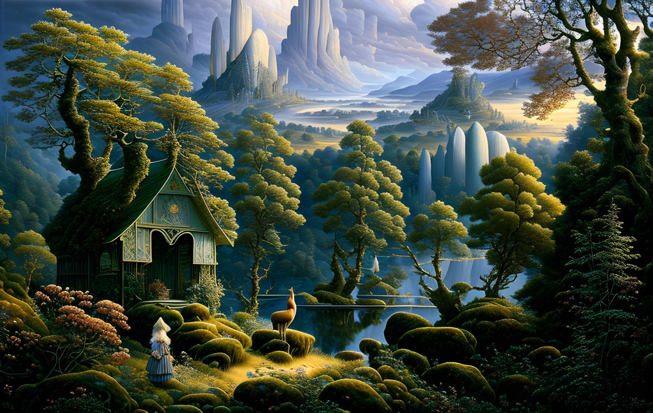 Fantasy landscape with cottage, waterfalls, cranes, and mountains