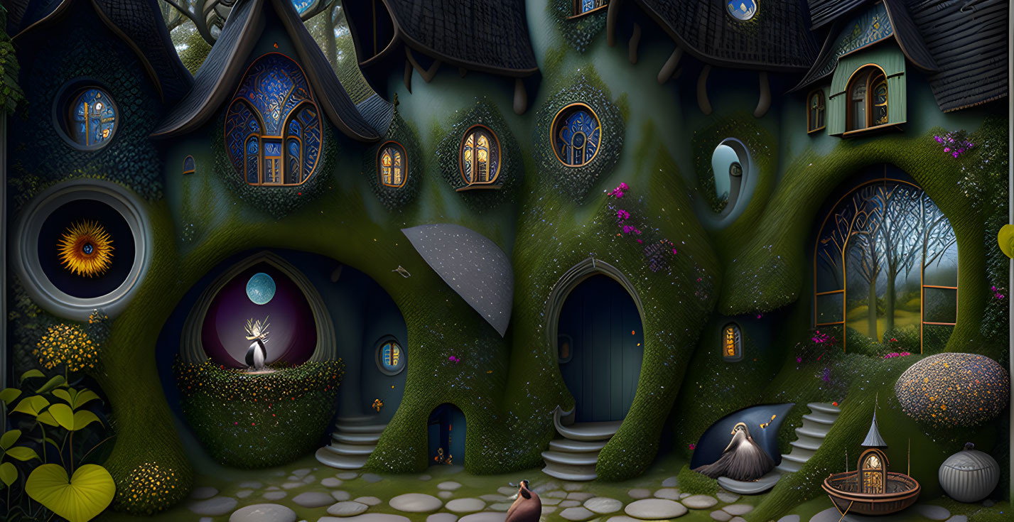 Enchanting night scene of whimsical fairy-tale cottage in magical forest