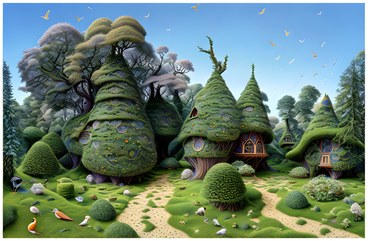 Whimsical landscape with storybook treehouses and colorful birds