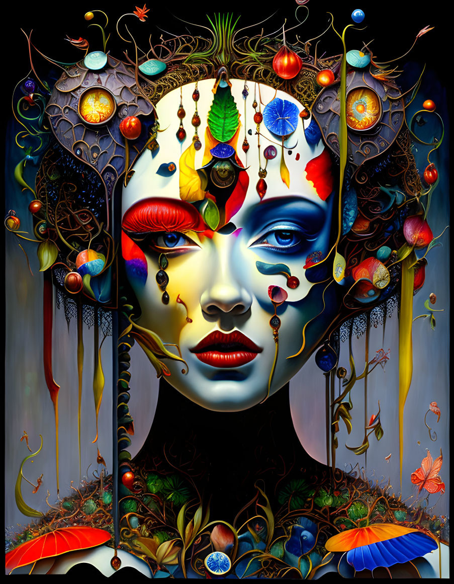 Colorful surreal portrait with nature elements and whimsical headdress