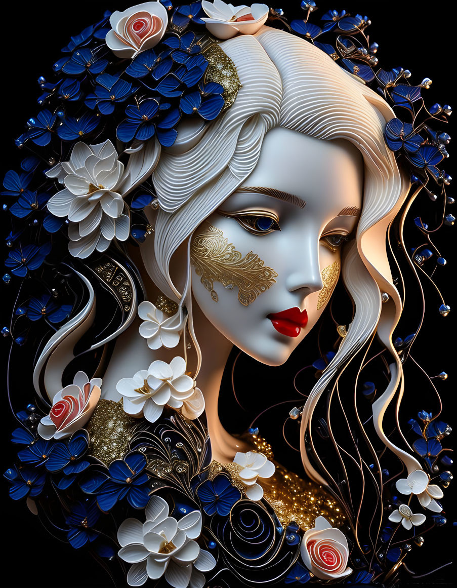 Digital artwork: Woman with pale skin, red lips, white hair, blue flowers, gold accents,