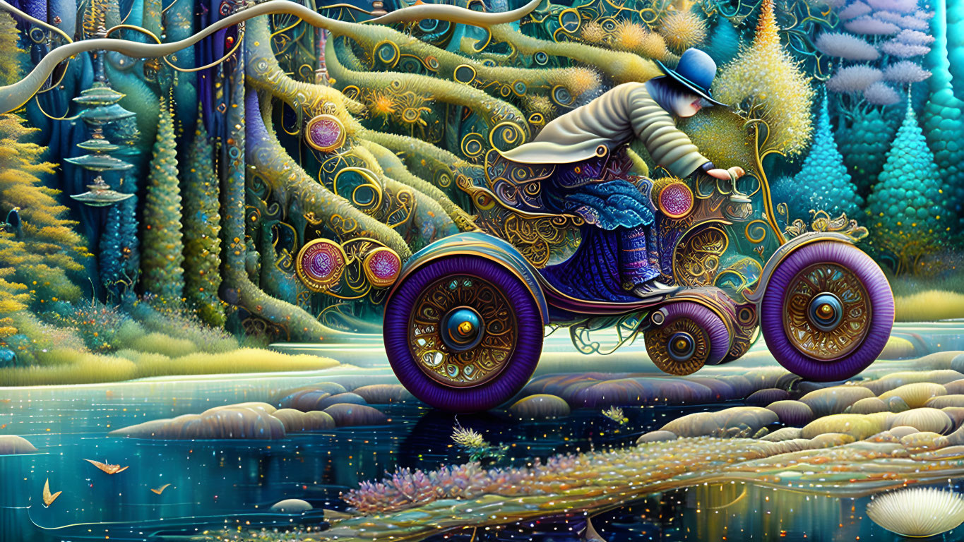 Colorful surreal landscape with person on ornate three-wheeled cycle amid intricate trees and reflective water