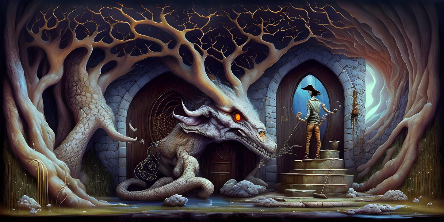 Large dragon and robed figure in mythical scene with archway and glowing portal.