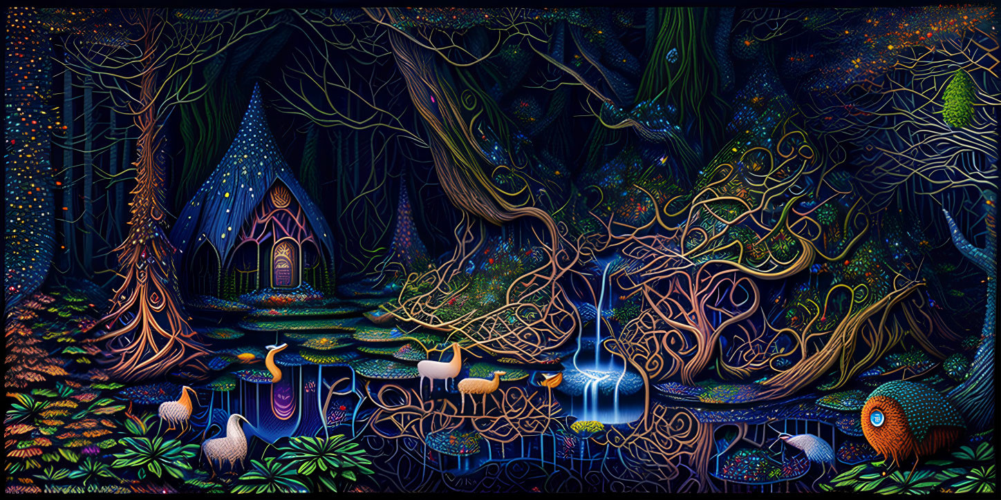 Colorful Nocturnal Forest Scene with Cottage, Trees, Swans, and Water