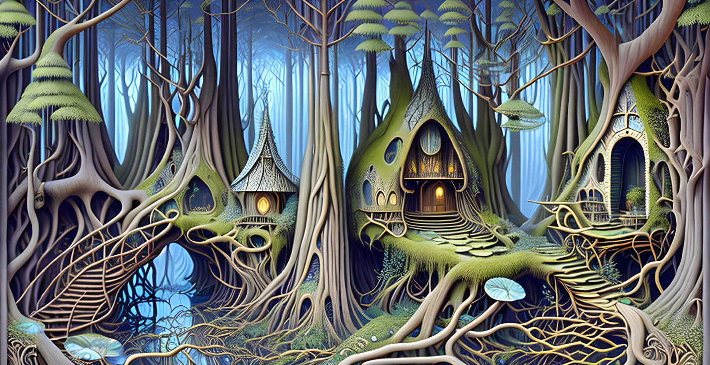 Whimsical treehouses in enchanted forest at twilight