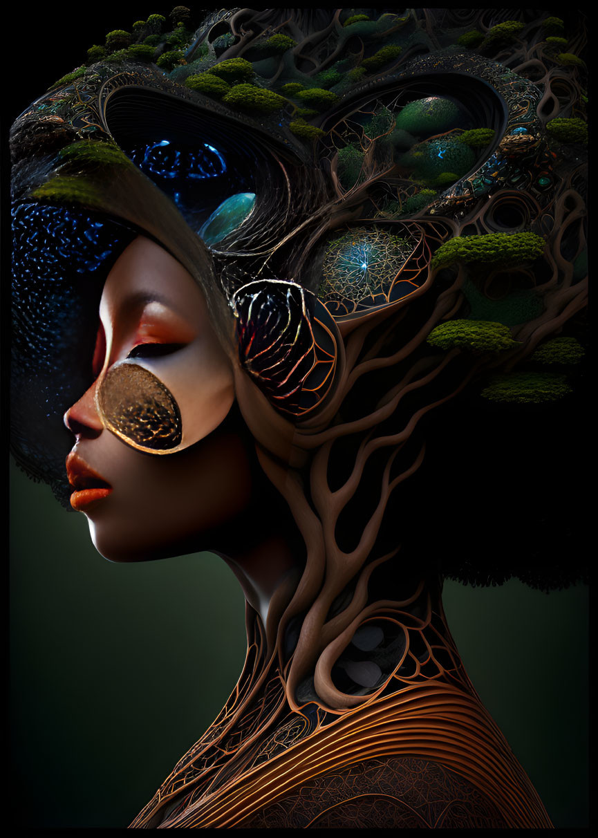 Woman with surreal nature-inspired headdress: tree branches, peacock feathers, moss.