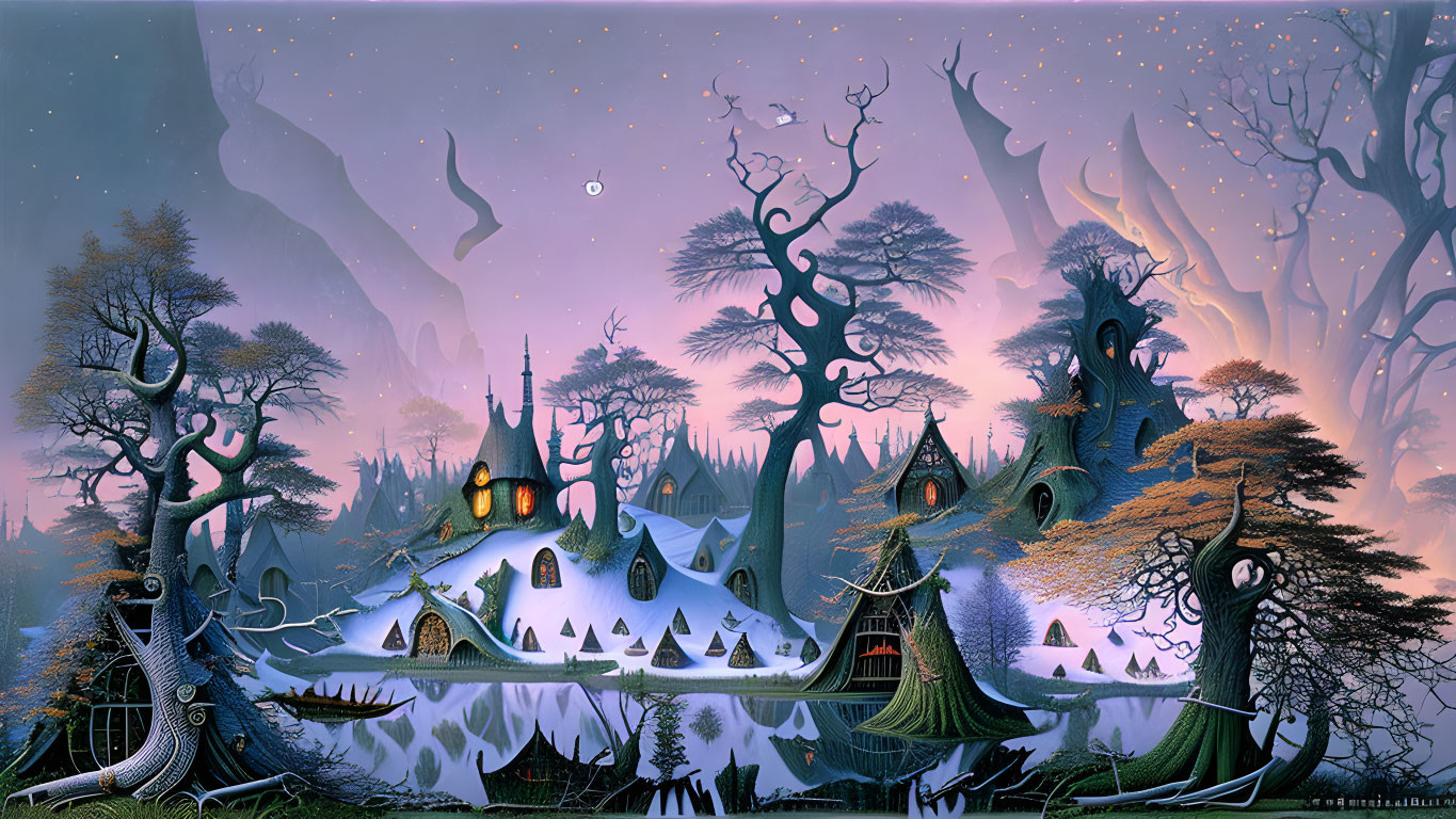 Fantasy twilight landscape with whimsical tree houses, snowy ground, and purple sky.