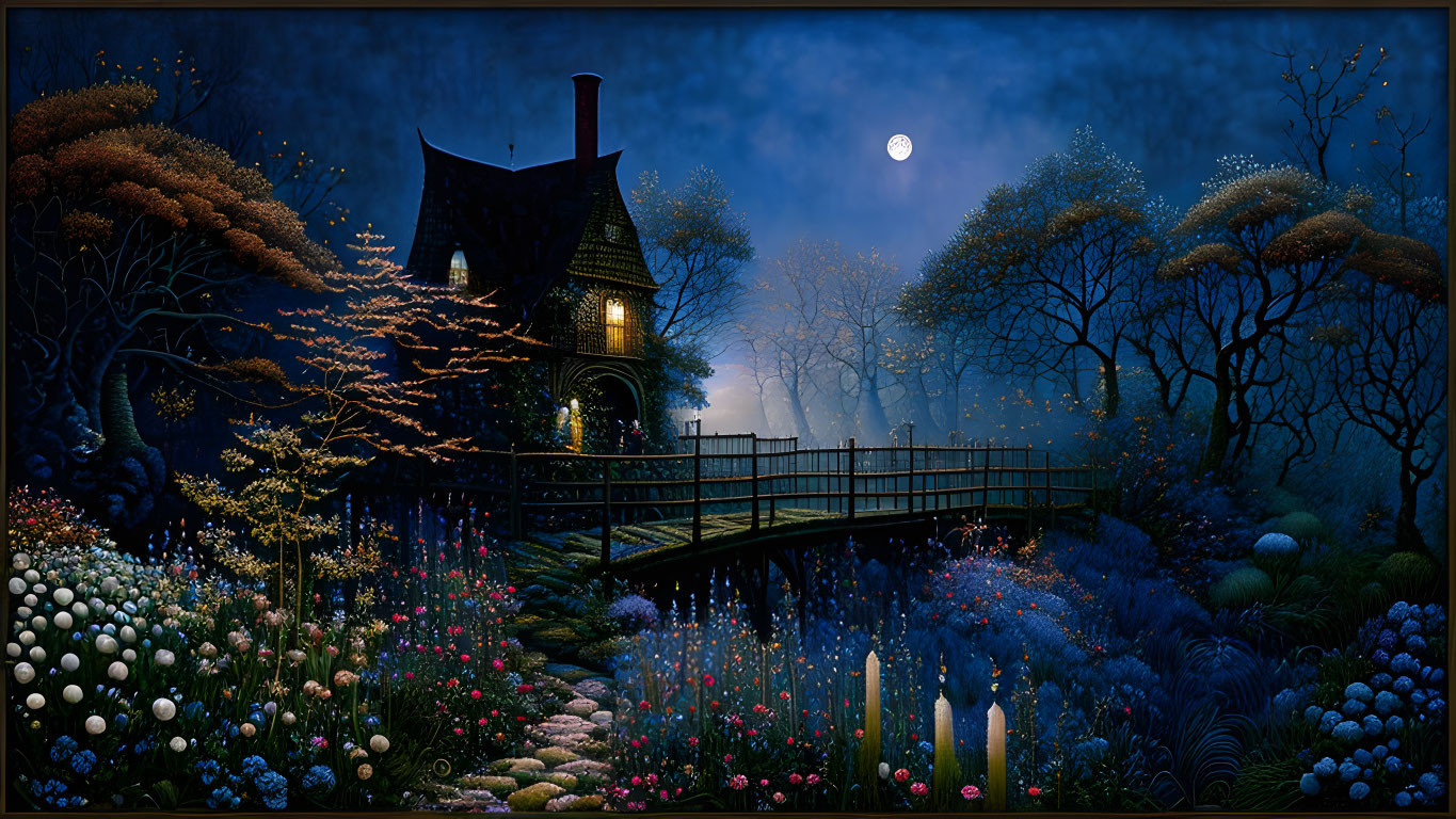 Moonlit Garden with Wooden Bridge and Quaint House