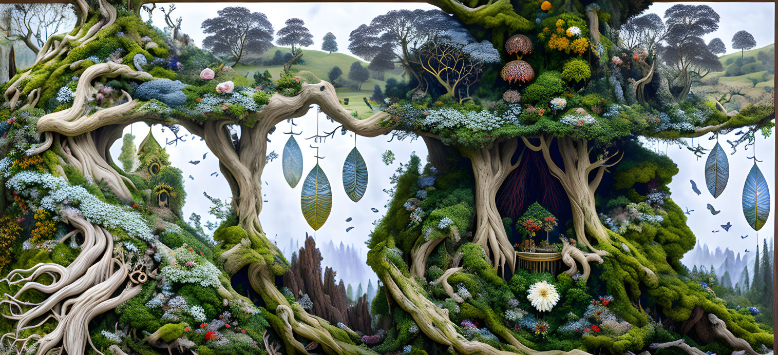 Panoramic fantasy landscape with intricate trees, lush foliage, colorful flowers, and whimsical elements.