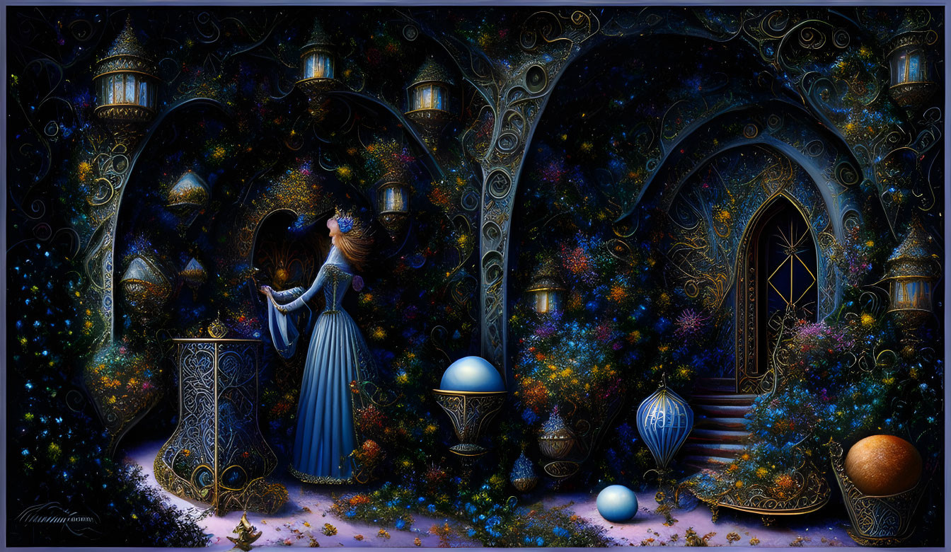 Woman in Blue Dress by Magical Doorway in Enchanted Garden with Golden Lamps