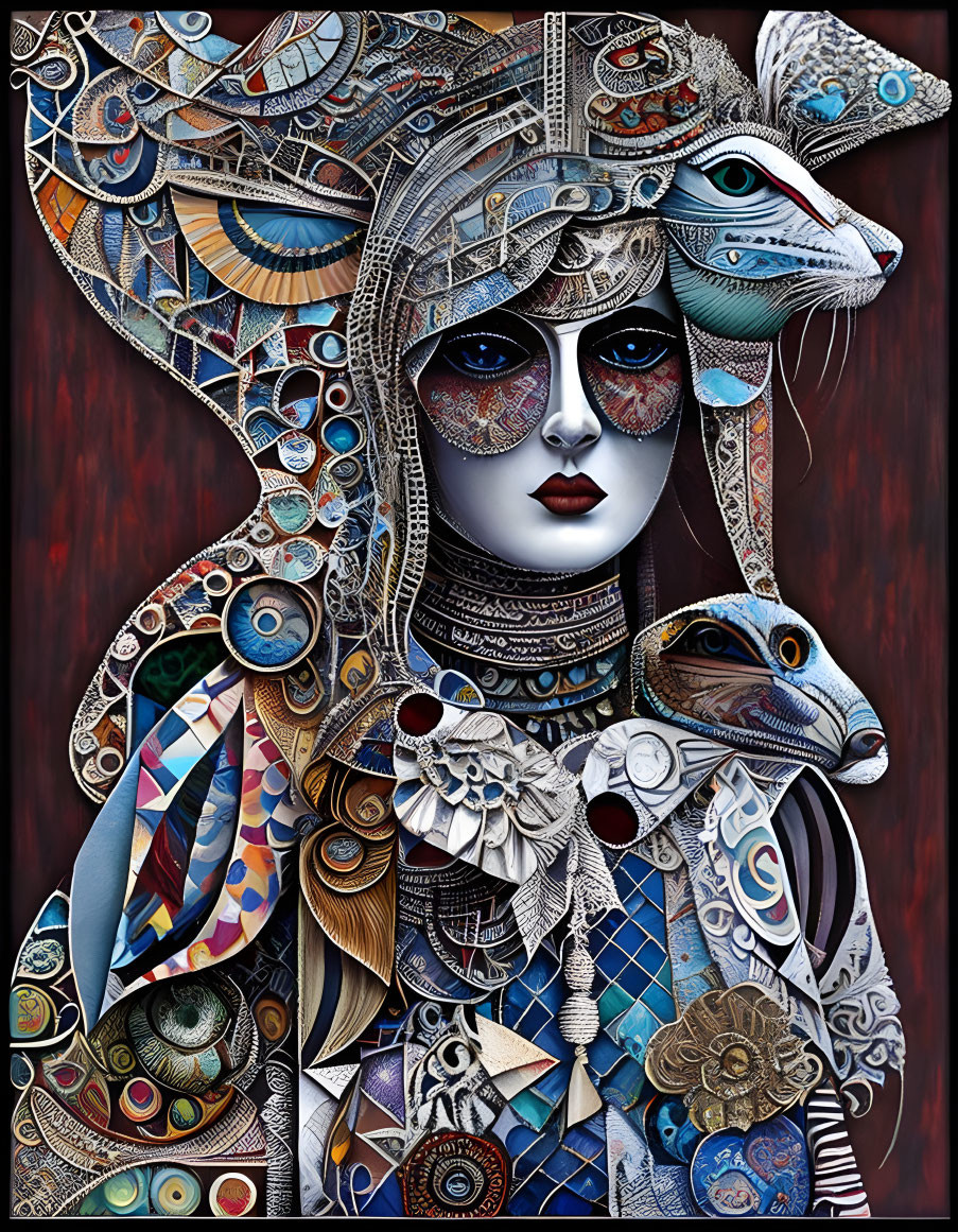 Colorful Digital Artwork: Woman with Animal Motifs & Ornate Designs