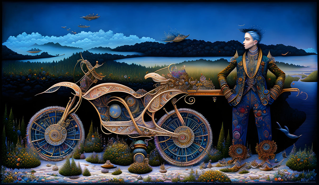 Fantastical chariot and regal attendant in lush dreamscape