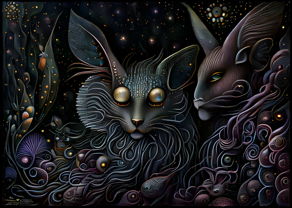 Surreal digital artwork of two stylistic cats with cosmic elements