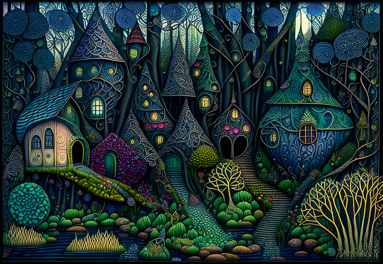 Colorful Enchanted Forest Illustration with Whimsical Trees and Fairy-Tale Houses