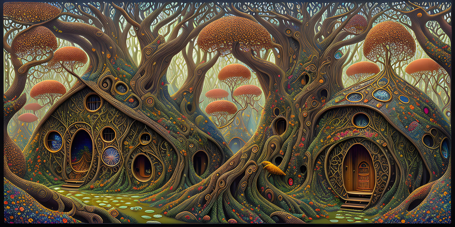 Mystical forest with whimsical trees, glowing mushrooms, and intricate patterns at twilight