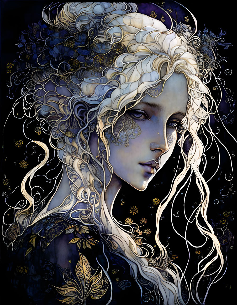 Intricate Gold-Leaf Hair Woman on Dark Floral Background