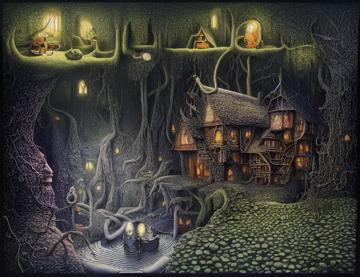 Illustration of whimsical forest with treehouse and lantern light