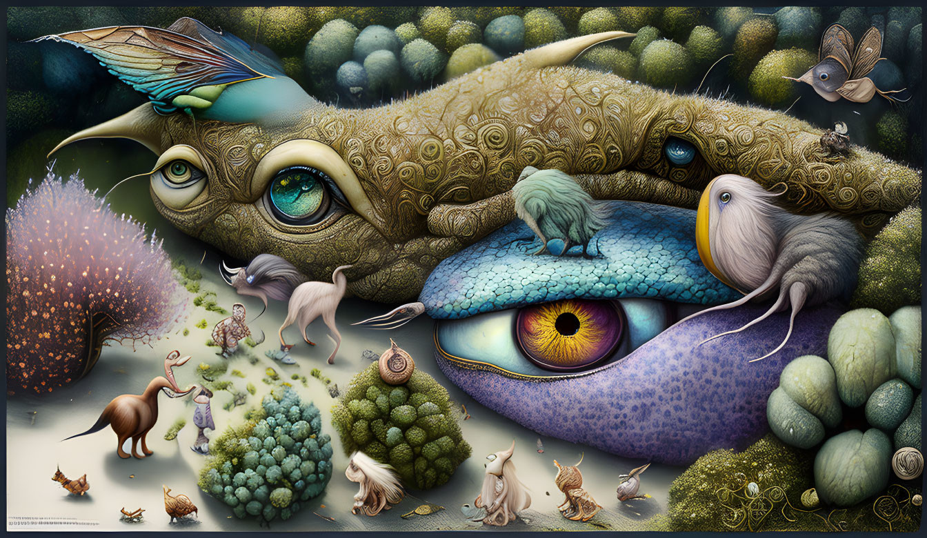 Fantastical digital artwork: Giant reptilian creature, vibrant eyes, whimsical miniature animals, lush