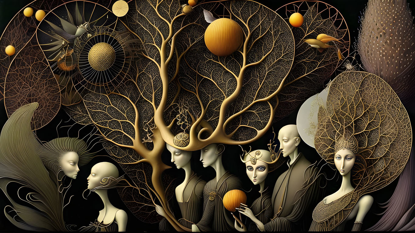 Surreal digital artwork: Human-like figures with golden headpieces and celestial orbs on dark background