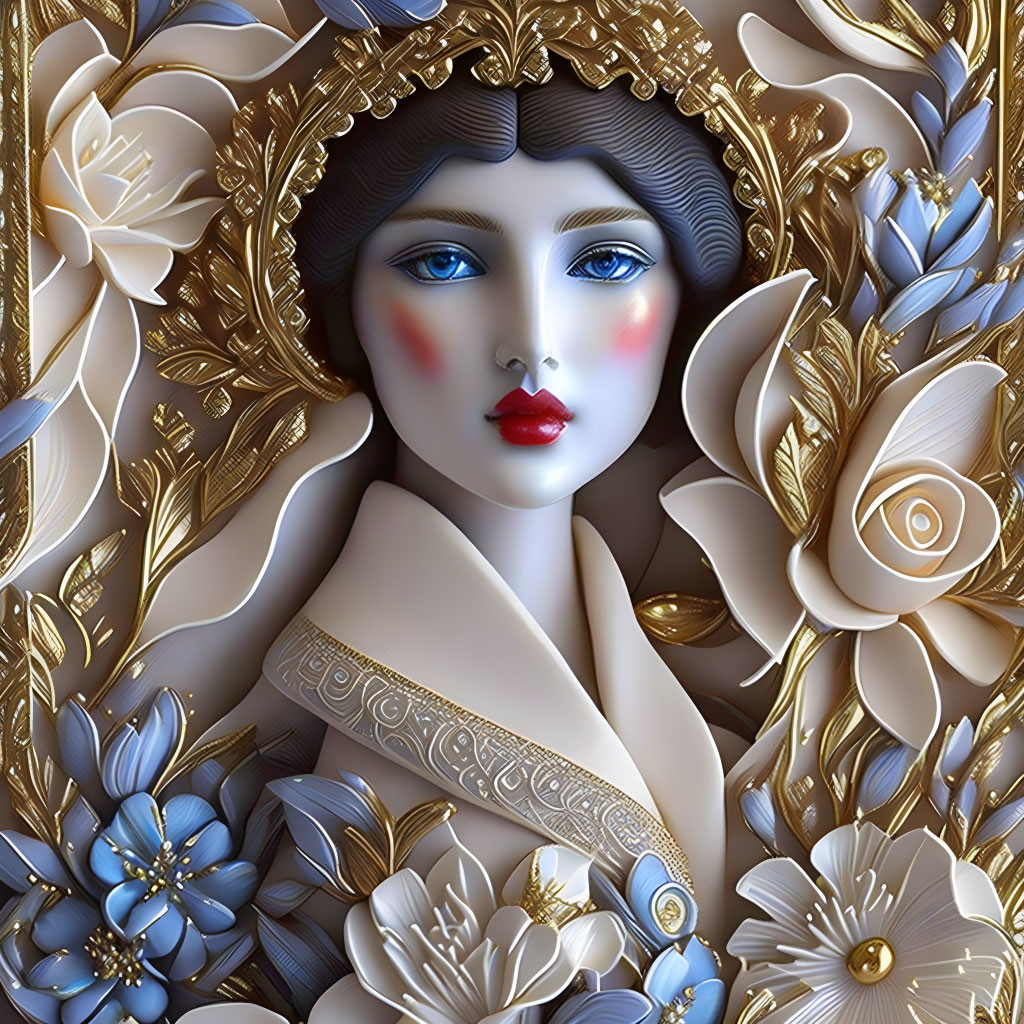 Detailed 3D illustration of woman with golden floral motifs and roses