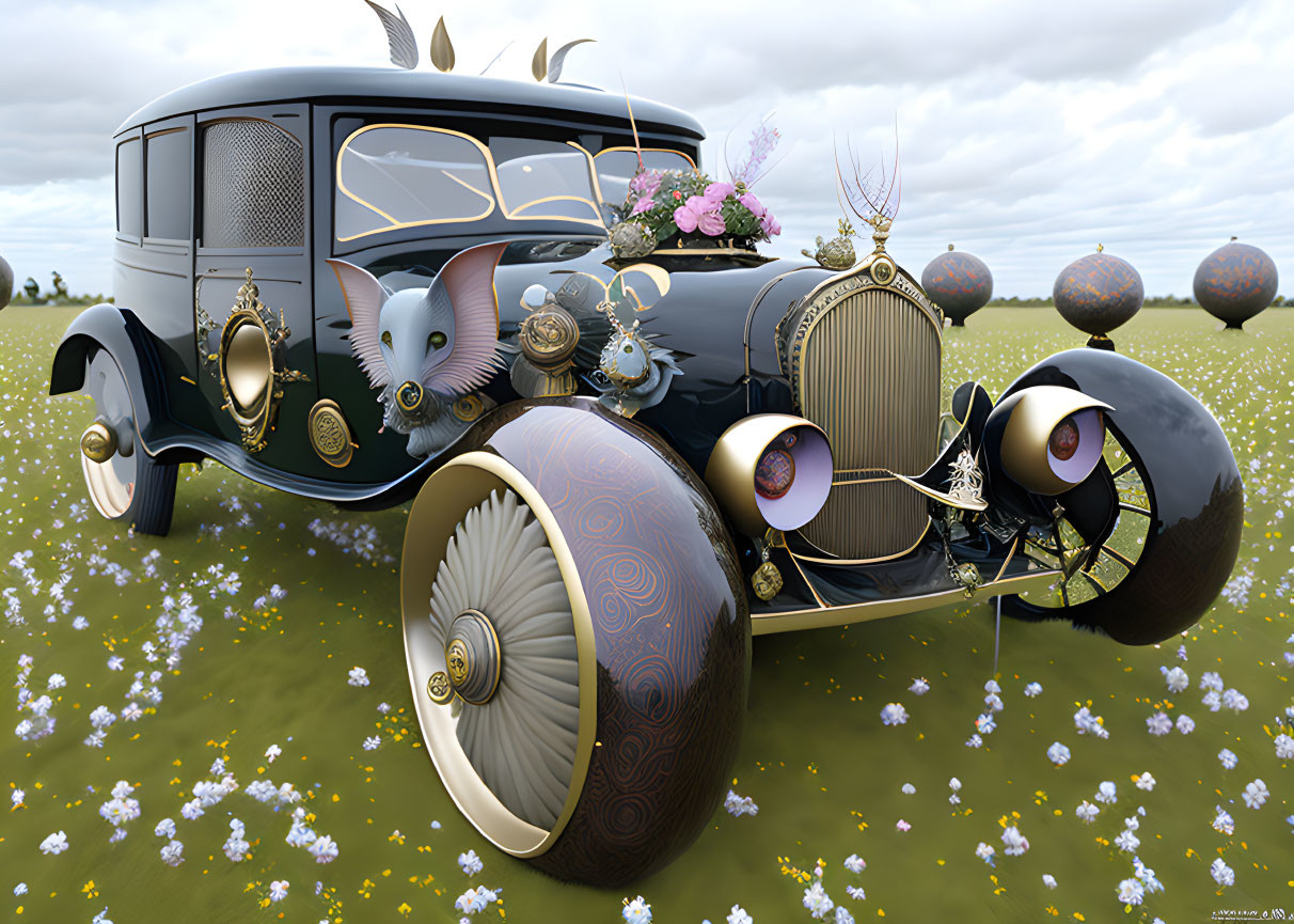 Vintage Car with Ornate Design in Field of White Flowers