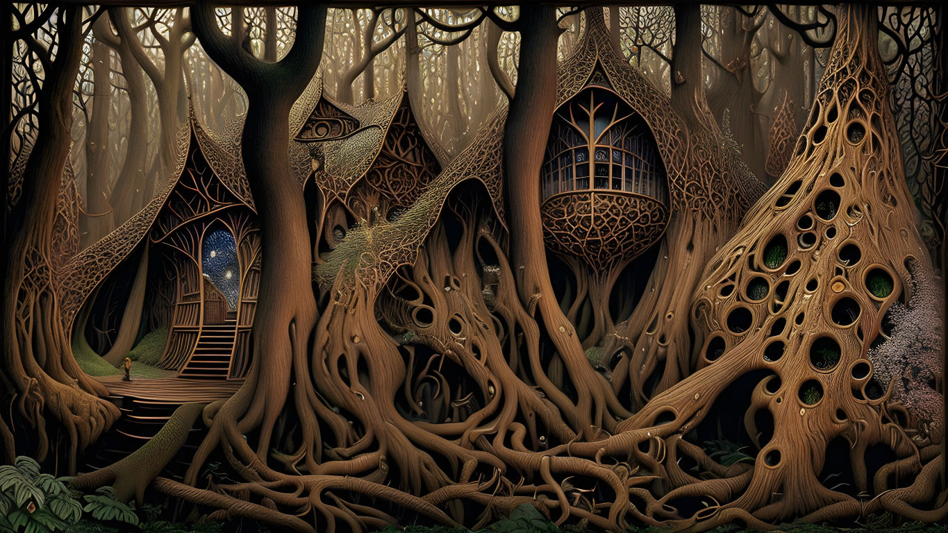 Whimsical treehouses in enchanted forest twilight